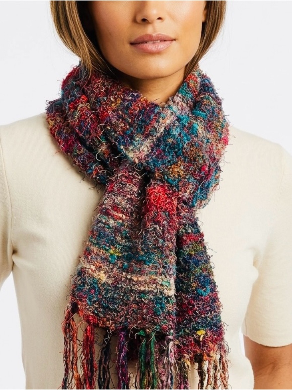 70” Fuzzy Colorful Multicolor Bouclé Knit Scarf - 6” Wide — #B